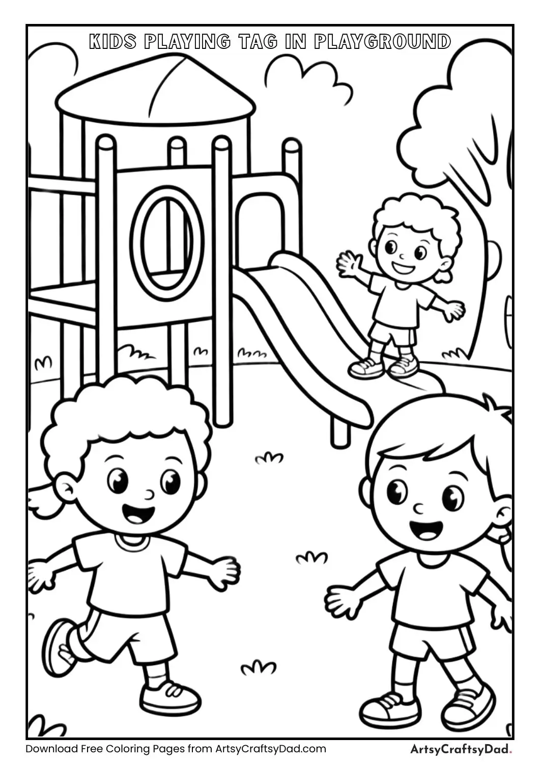 Black and white coloring page of children running and playing tag