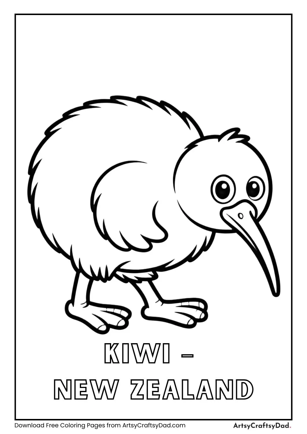Black and white Kiwi bird walking on ground labeled New Zealand
