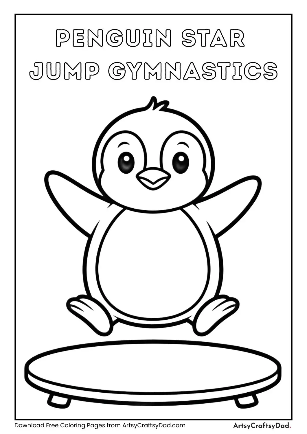 happy penguin doing a star jump on a gymnastics mat coloring page
