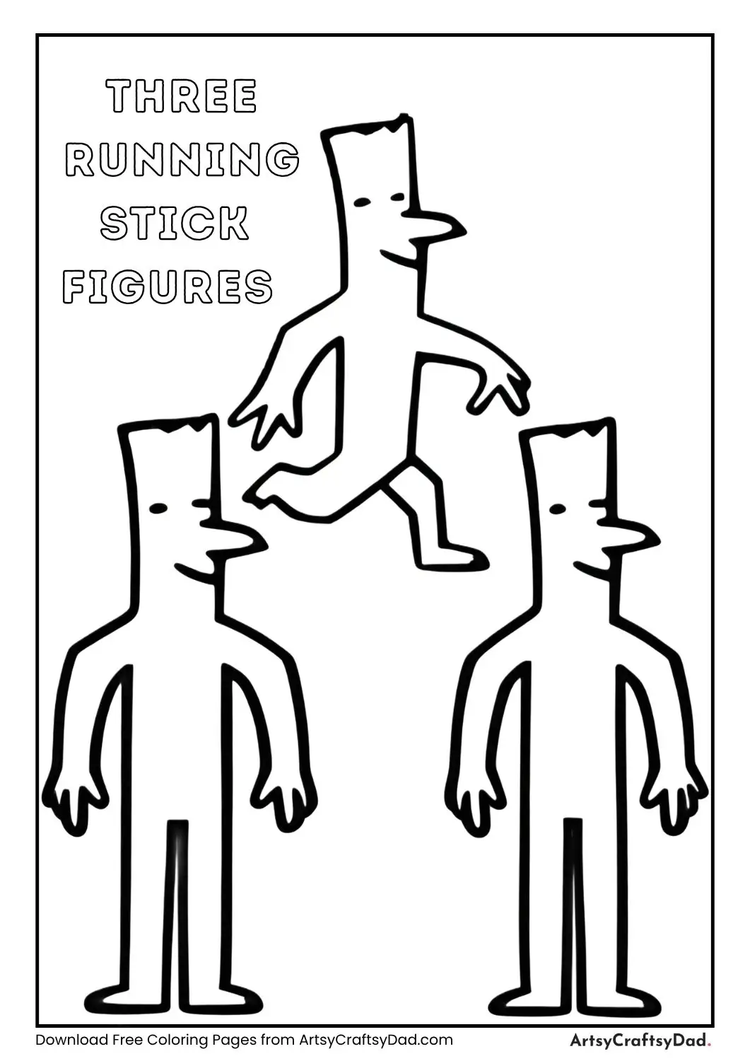 Black and white line drawing of three stick figures with square heads walking or running together.