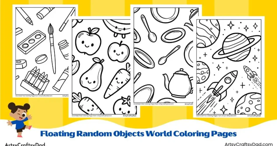 Floating Random Objects World Coloring Pages for Kids